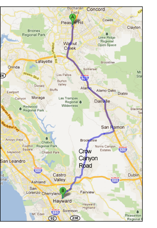 Google maps, Pleasant Hill to Hayward, CA via Crow Canyon Road 1965