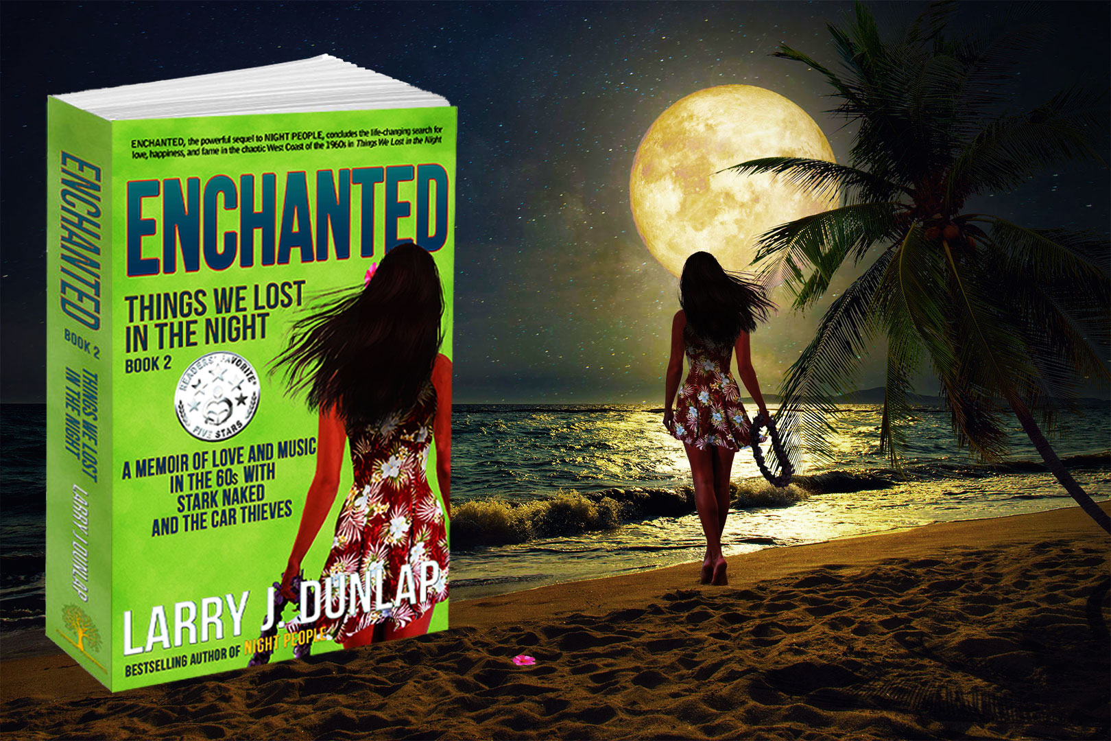 The book ENCHANTED and a Hawaiian girl walking away on a lonely beach in Hawaii.